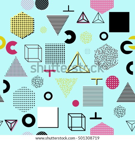 Trendy geometric elements memphis cards, seamless pattern. Retro style texture. Modern abstract design poster, cover, card design.