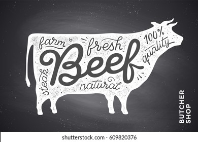 Trendy illustration with red cow silhouette and words Beef, fresh, steak, natural, farm. Creative graphic design for butcher shop, farmer market. Poster for meat related theme. Illustration - Powered by Shutterstock