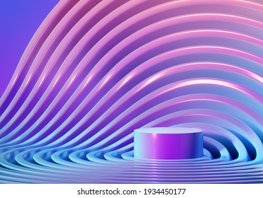 Trendy Neon Light Holographic Podium For Product, Cosmetic, Perfume Presentation. 3d Rendering Background In Vibrant Pastel Colors. Pack Shot Mockup. Show Case Template.