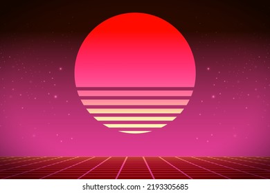 Trendy Retro 80s, 90s Background With Laser Grid. Neon Sci-fi Abstract Background Template