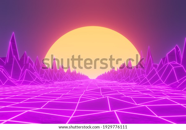 Trendy\
retro futuristic pink and blue neon lights 3d road among mountains\
with sun on background. 3D render. Retrowave VJ videogame\
landscape, neon lights and low poly terrain\
grid.