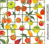 Trendy seamless summer pattern featuring colorful tomatoes on a checkered background, painted in vibrant acrylic style. This playful tropical-inspired design is perfect for fashion, fabric, textiles