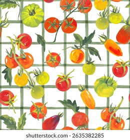 Trendy seamless summer pattern featuring colorful tomatoes on a checkered background, painted in vibrant acrylic style. This playful tropical-inspired design is perfect for fashion, fabric, textiles