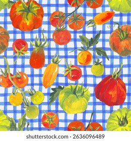 Trendy seamless summer pattern featuring colorful tomatoes on a checkered background, painted in vibrant acrylic style. This playful tropical-inspired design is perfect for fashion, fabric, textiles.