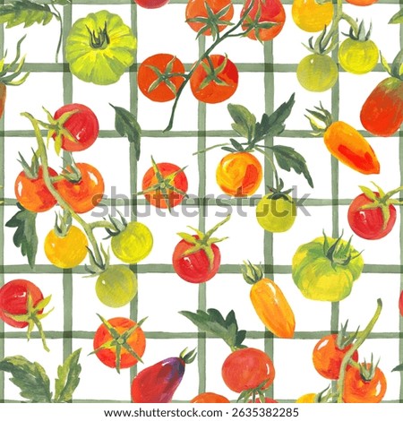Trendy seamless summer pattern featuring colorful tomatoes on a checkered background, painted in vibrant acrylic style. This playful tropical-inspired design is perfect for fashion, fabric, textiles