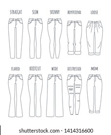 Trendy Women Jeans Styles Collection. Flat Thin Line Icons Of Modern Denim Pants For Fashionable Girl. Outline Illustration Of Trousers Isolated On White. Infographic Elements