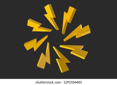 Trendy Yellow Lightning Bolt Composition On Yellow Background. 3d Illustration