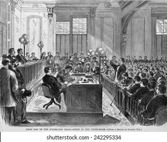 The Trial Of Daniel McFarland For Murder Of Richardson, The Suspected Seducer Of His Wife, Abby Sage. McFarland's Defense Was Largely Based On Justified Jealous Insanity And He Was Acquitted. 1870