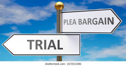 Trial And Plea Bargain As Different Choices In Life - Pictured As Words Trial, Plea Bargain On Road Signs Pointing At Opposite Ways To Show That These Are Alternative Options., 3d Illustration