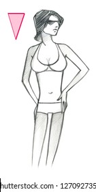 Triangle base up of female figure in swimsuit and sunglass. Pencil drawing isolated on white background