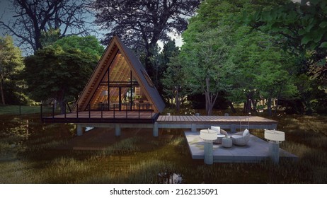 Triangle Cabin Iron Frame Design Concepts In The Lake Forest Background For Vacation 3d Illustration