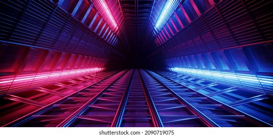 Triangle Neon Laser Fluorescent Purple Red Blue Glowing Sci Fi Futuristic Warehouse Hangar  Spaceship Realistic Showroom Steel Metal Frame Corridor Tunnel Dark Underground Basement 3D Rendering