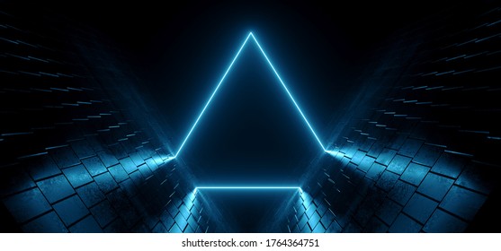 Triangle Neon Laser Sci Fi Futuristic Blue Cyber Retro Modern Glowing Shape Fluorescent Dark Background Tunnel Corridor Stage Gate Garage Warehouse 3D Rendering Illustration