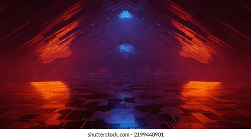 Triangle Sci Fi Futuristic Modern Garage Hallway Underground Dark Night Studio Empty Space Background 3D Rendering