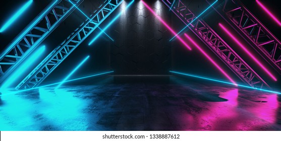 Triangle Shaped Neon Glowing Stage Metal Structure Studio Empty Space Dance Cyberpunk Retro Sci Fi Futuristic Grunge Concrete Reflections Purple Ultraviolet Blue Vibrant 3D Rendering Illustration