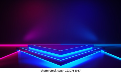 Triangle Stage With And And Purple Neon  Light ,abstract Futuristic Background,ultraviolet  Concept,3d Render