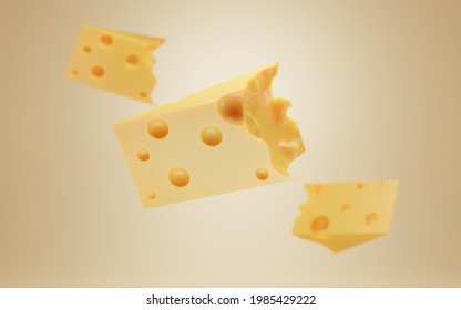 Triangular lump piece of hard cheese with holes. Swiss Emmental, dutch Edam or Gouda on isolated yellow background. Realistic 3d illustration for ad and design dairy products, national cheese day - Powered by Shutterstock