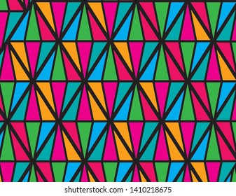 Triangular patterns and interlocking colors, bright background.
