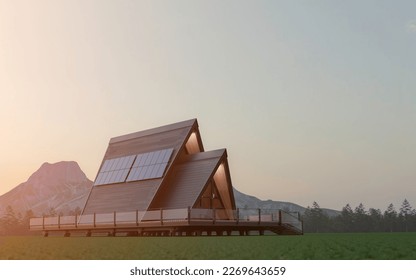 A triangular shaped house with solar panels on the roof sits in the middle of a green field with mountains behind it. 3d rendering.