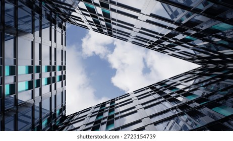 Triangular view of sky framed by modern glass skyscrapers, reflecting clouds and creating dynamic architectural perspective. scene evokes sense of openness and innovation., 3d rendering