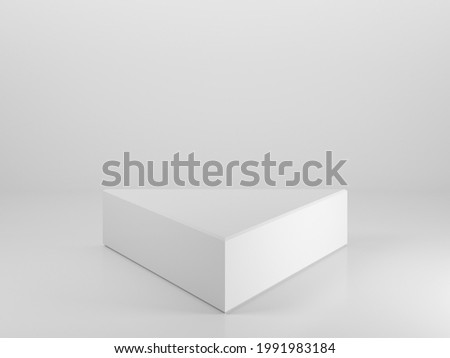 Triangular white empty podium for any products presentation is in a white studio room, 3d rendering illustration