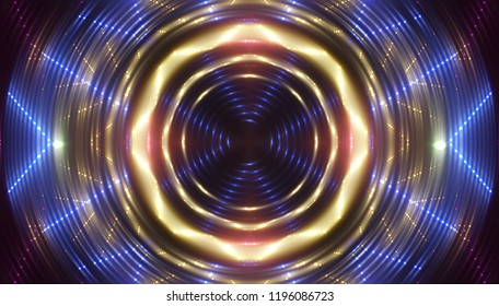 Triangulars on a abstract red background with scintillating circles and gloss. Brilliant round sphere tunnel. Illustration digital.