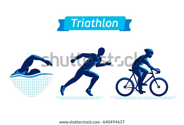トライアスロンのロゴまたはバッジセット 白い背景にフィギュア3人の選手 水泳 自転車 走る男 フラットシルエット のイラスト素材