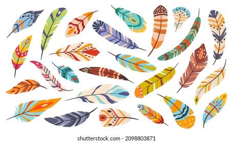 Tribal Feathers, Boho Ethnic Stylized Bird Feather. Flat Cartoon Elegant Colorful Bohemian Feathering, Indigenous Feathers  Set. Vivid And Bright Accessory For Decoration Isolated