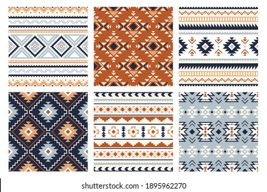 Tribal Indian Seamless Pattern. Color Mexican, Aztec And Maya Ornament, Ethnic Stylish Fabric Geometric Print Wallpaper Texture  Set. Unique Folk, National Culture Collection