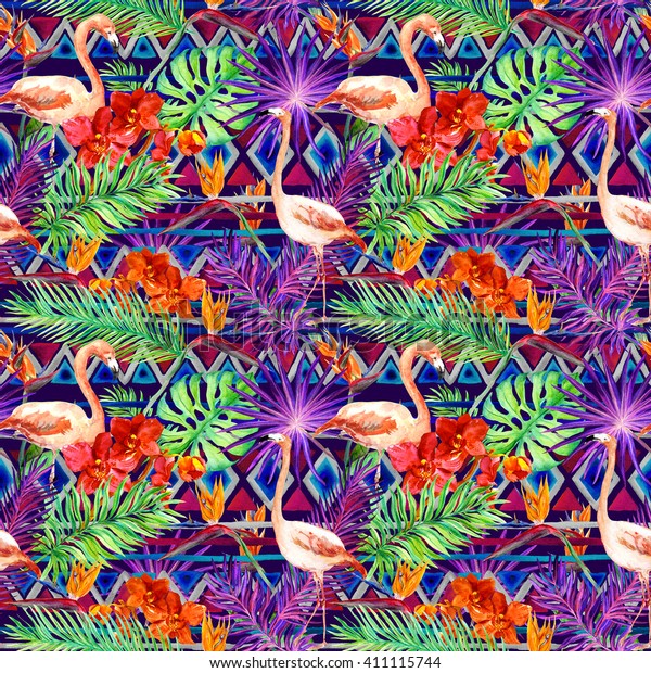 Tribal Pattern Tropical Leaves Flamingo Birds Stock ...