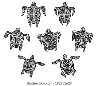 Tribal turtles tattoos set isolated on white background. Vector version also available in gallery