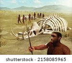 A tribe of human ancestors, Homo-Erectus, wanders through the savannah past mammoth skeletons, 3d render.
