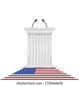 Tribune, Speaker' Podium. The US Presidential Election 2020. American Flag. Illustration.