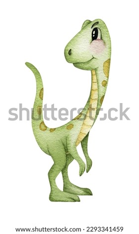 Triceratops dinosaur illustration in cartoon style.  Cute dinosaur drawing.  Watercolor illustration of a green dinosaur