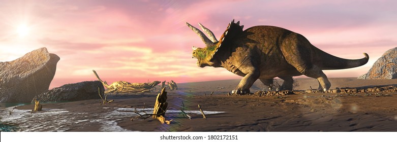 Triceratops Horridus Dinosaur On The Beach (3d Paleoart Rendering Banner)