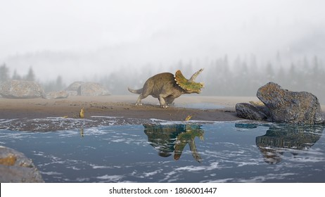 Triceratops Horridus, Dinosaur On The Beach (3d Paleoart Render)