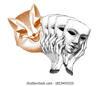 Trickster raster. Fox with masks in his hands. Fashionable black and white tattoo. Liar, dodger, mischievous, hoaxer. archetype in mythology, folklore and religion.
