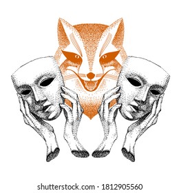 Trickster. Sly fox smiles. Red fox with two masks in his hands. Fashionable black and white tattoo. Liar, dodger, mischievous, hoaxer. archetype in mythology, folklore and religion.