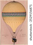 The Tricolor balloon ascension in Paris, June 6th 1874. Vintage hot air balloon art, hot air balloon drawing illustration, old