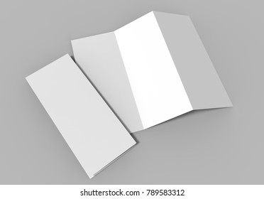 Tri-fold brochure on grey background, 3d illustration.