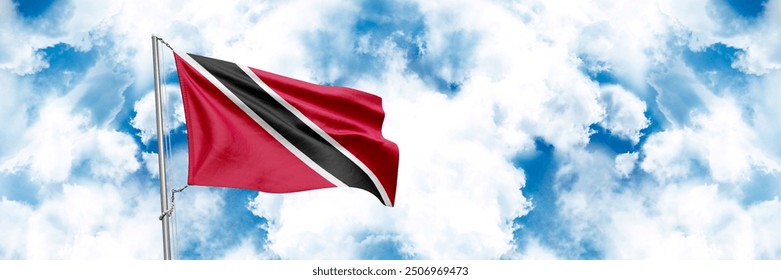 Trinidad and Tobago flag waving on sky background. 3D Rendering - Powered by Shutterstock