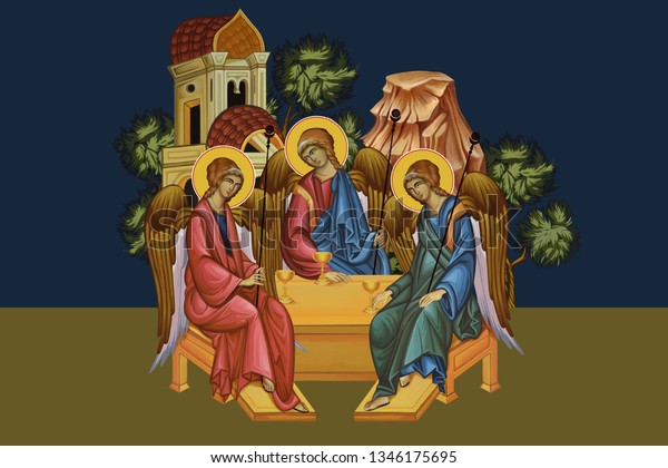 Trinitarian. Father, Son, Holy Ghost. Illustration\
- fresco in Byzantine\
style.