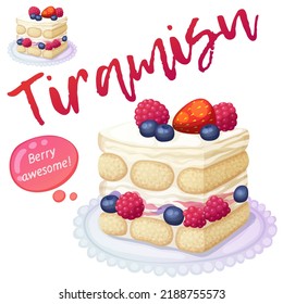 Triple Berry Tiramisu Dessert Icon Isolated On White Background. Cartoon Illustration