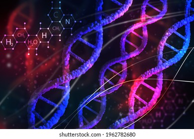 Triple DNA helix on dark background. Chemical symbols as metaphor for DNA modification. Background wallpaper on theme of genetic modification. DNA background for banner. Texture with genetic spirals