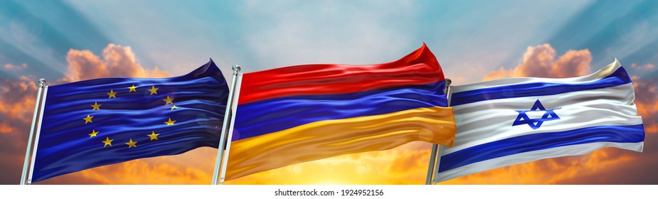 Triple Flag European Union And Israel And Armenia Flag Waving Flag With Texture Sky Clouds And Sunset Background- 3D Illustration - 3D Render