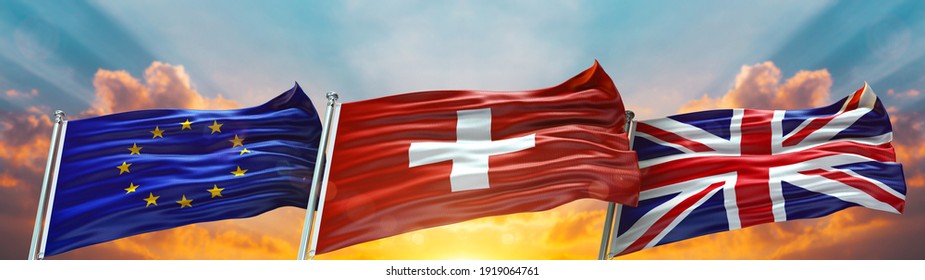 Triple Flag European Union And United Kingdom And Switzerland Flag Waving Flag With Texture Sky Clouds And Sunset Background- 3D Illustration - 3D Render