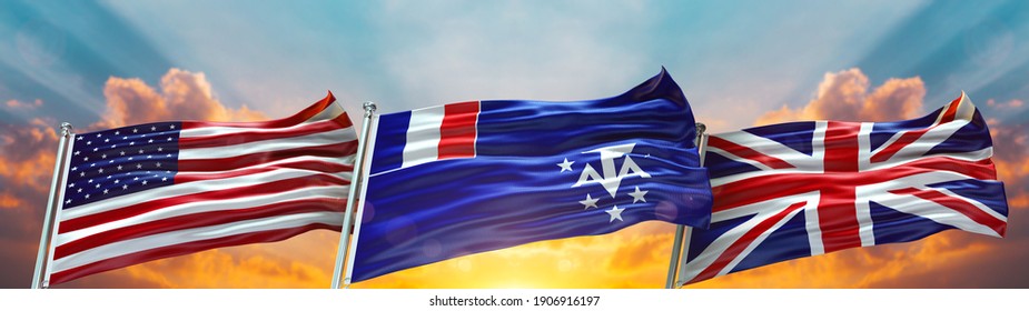 Triple Flag United States of America and United Kingdom and Southern and Antarctic Lands flag waving flag with texture sky clouds and sunset background- 3D illustration - 3D render