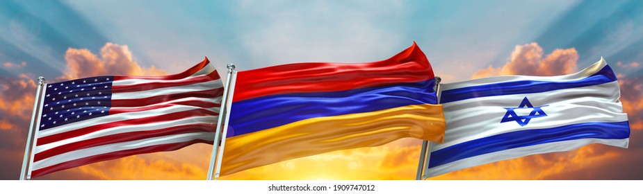 Triple Flag United States Of America And Israel And Armenia Flag Waving Flag With Texture Sky Clouds And Sunset Background- 3D Illustration - 3D Render