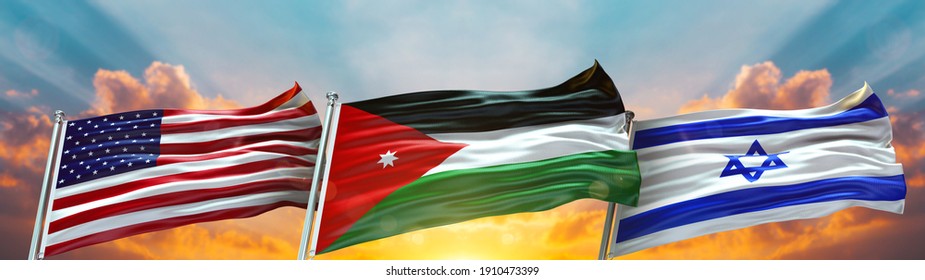 Triple Flag United States Of America And Israel And Jordan Flag Waving Flag With Texture Sky Clouds And Sunset Background- 3D Illustration - 3D Render