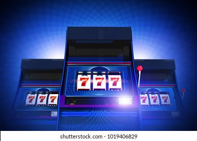 Triple Seven Casino Slot Machines Lucky Game. Glowing Blue Background. 3D Rendered Illustration Concept.
